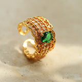 Green Gemstone Hollow Wide Face Open Ring - floysun