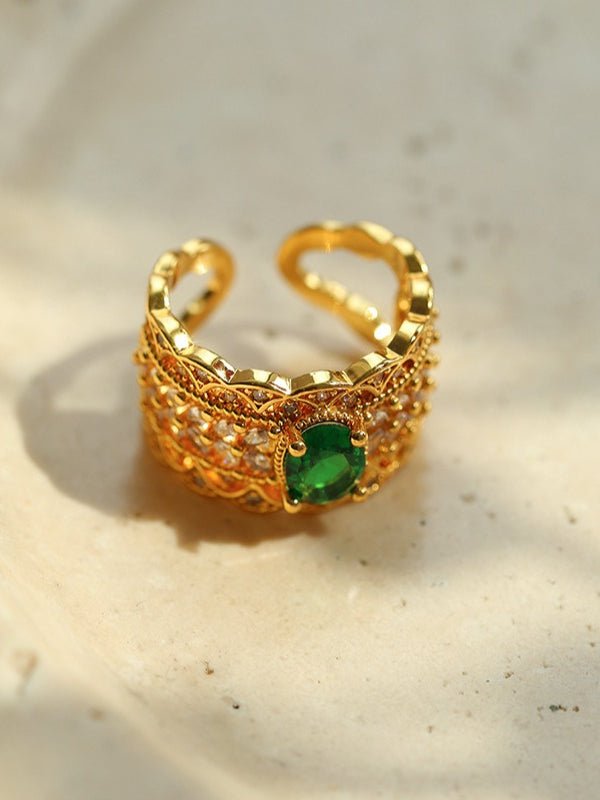 Green Gemstone Hollow Wide Face Open Ring - floysun