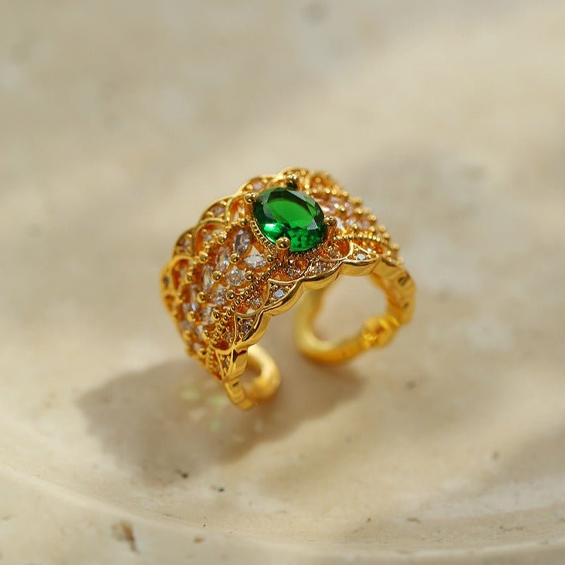 Green Gemstone Hollow Wide Face Open Ring - floysun