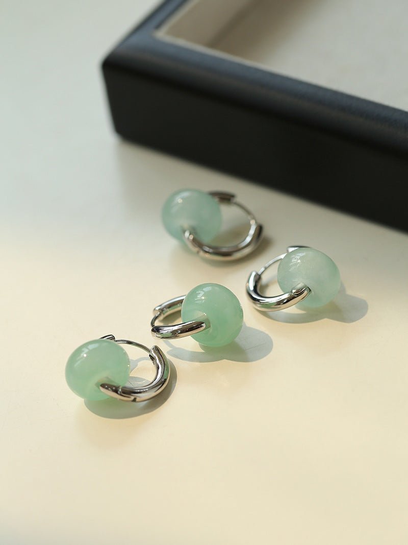 Green Jade Sterling Silver Hoop Earrings - floysun