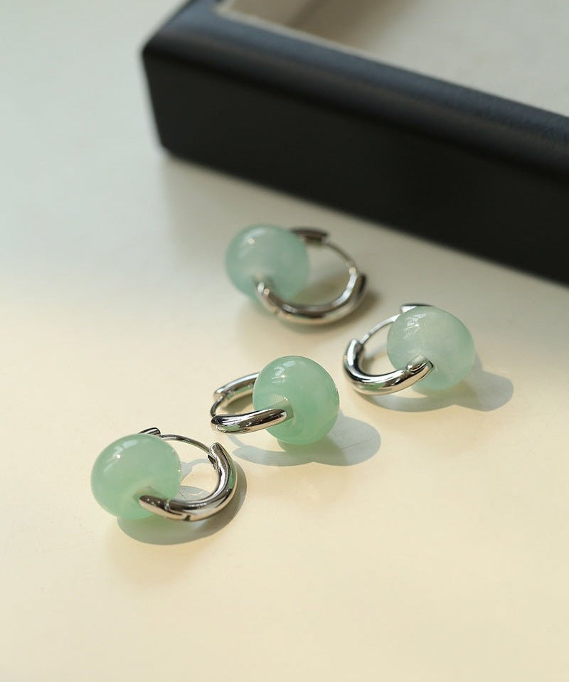 Green Jade Sterling Silver Hoop Earrings - floysun