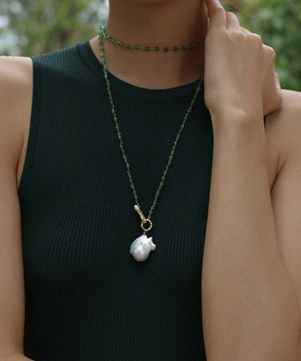 Green Onyx Baroque Pearl Necklace Multilayer Long Sweater Chain - floysun