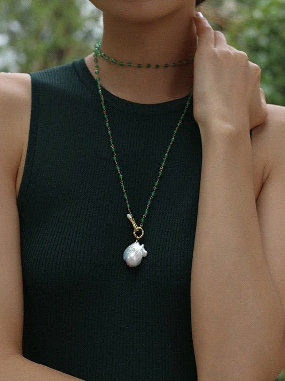 Green Onyx Baroque Pearl Necklace Multilayer Long Sweater Chain - floysun