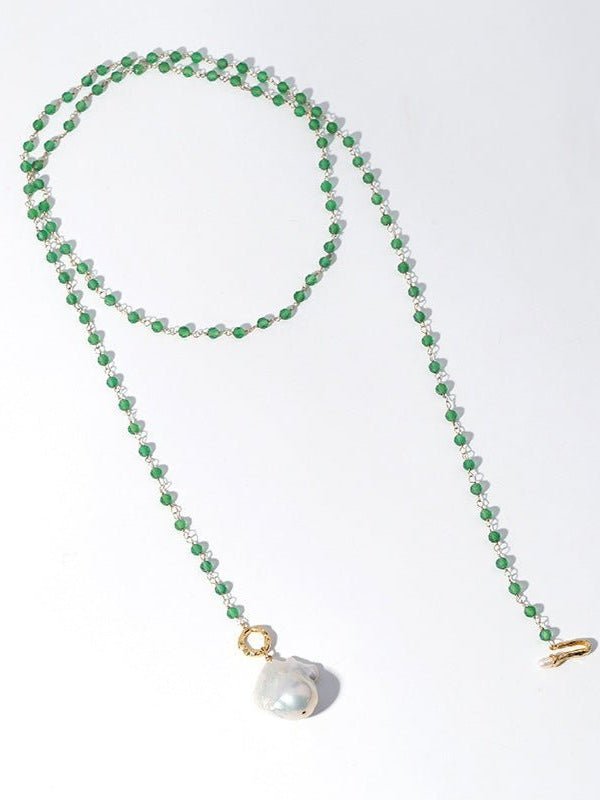 Green Onyx Baroque Pearl Necklace Multilayer Long Sweater Chain - floysun