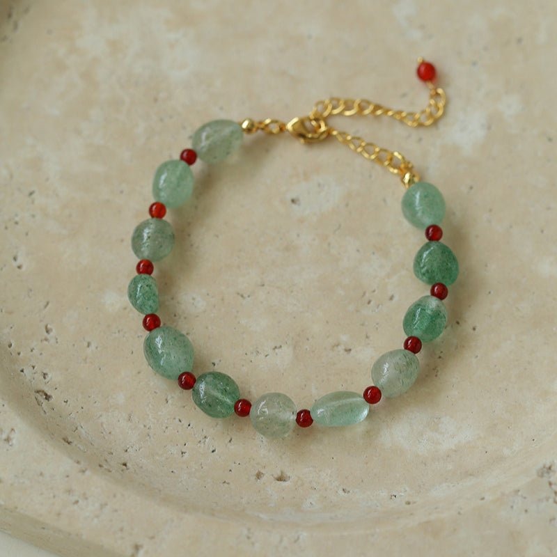 Green Strawberry Quartz and Red Onyx Beaded Bracelet - floysun