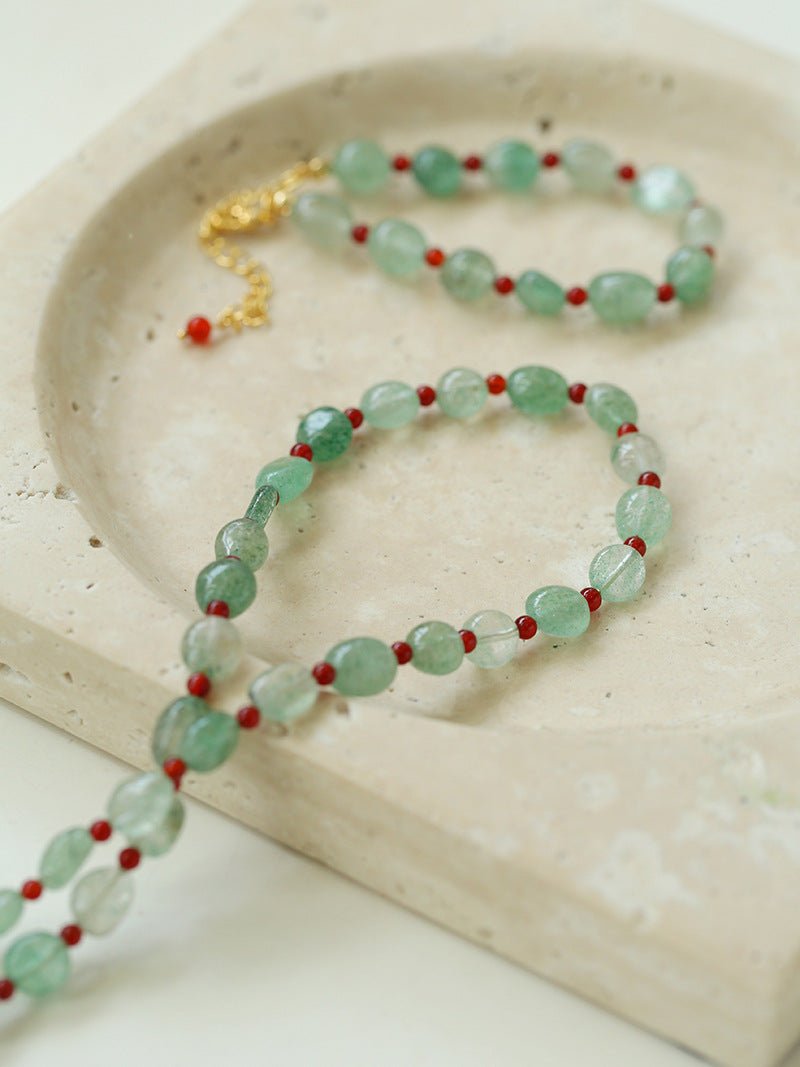 Green Strawberry Quartz and Red Onyx Beaded Bracelet - floysun