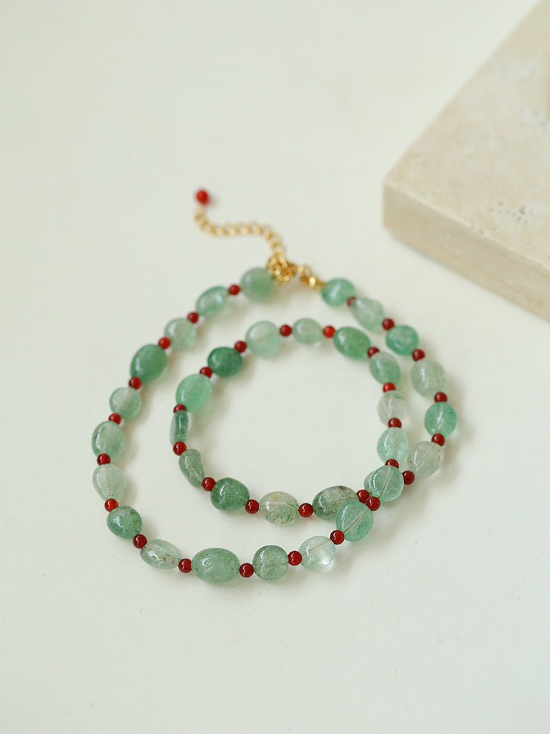 Green Strawberry Quartz and Red Onyx Beaded Necklace - floysun