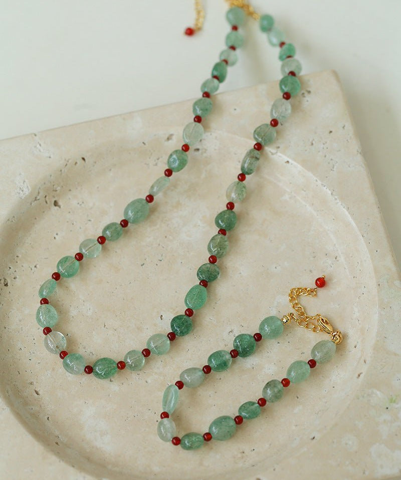 Green Strawberry Quartz and Red Onyx Beaded Necklace - floysun