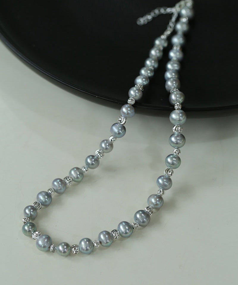 Grey Freshwater Pearl Silver Bean Necklace - Grey Pearl - floysun