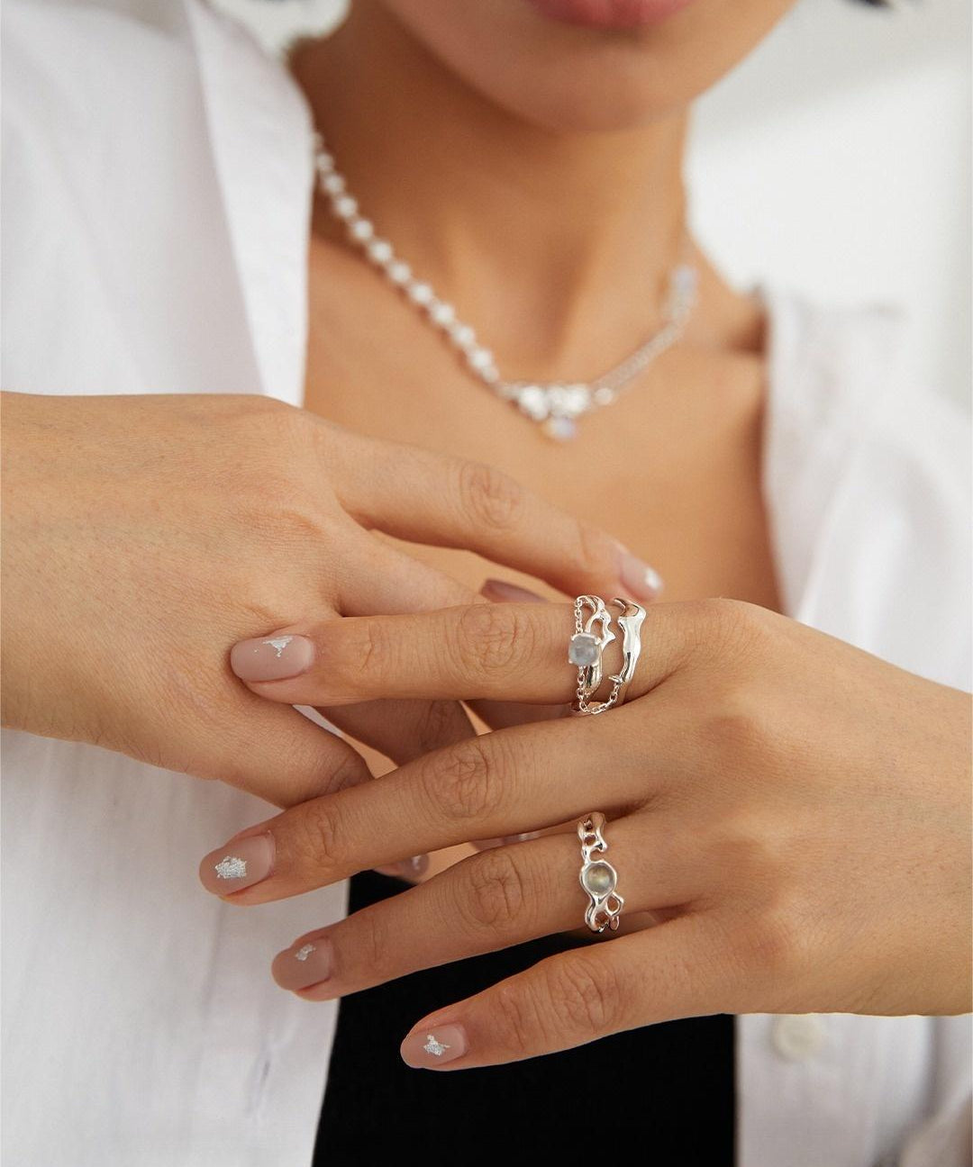 Grey Moonstone Double - layered Open Ring - floysun