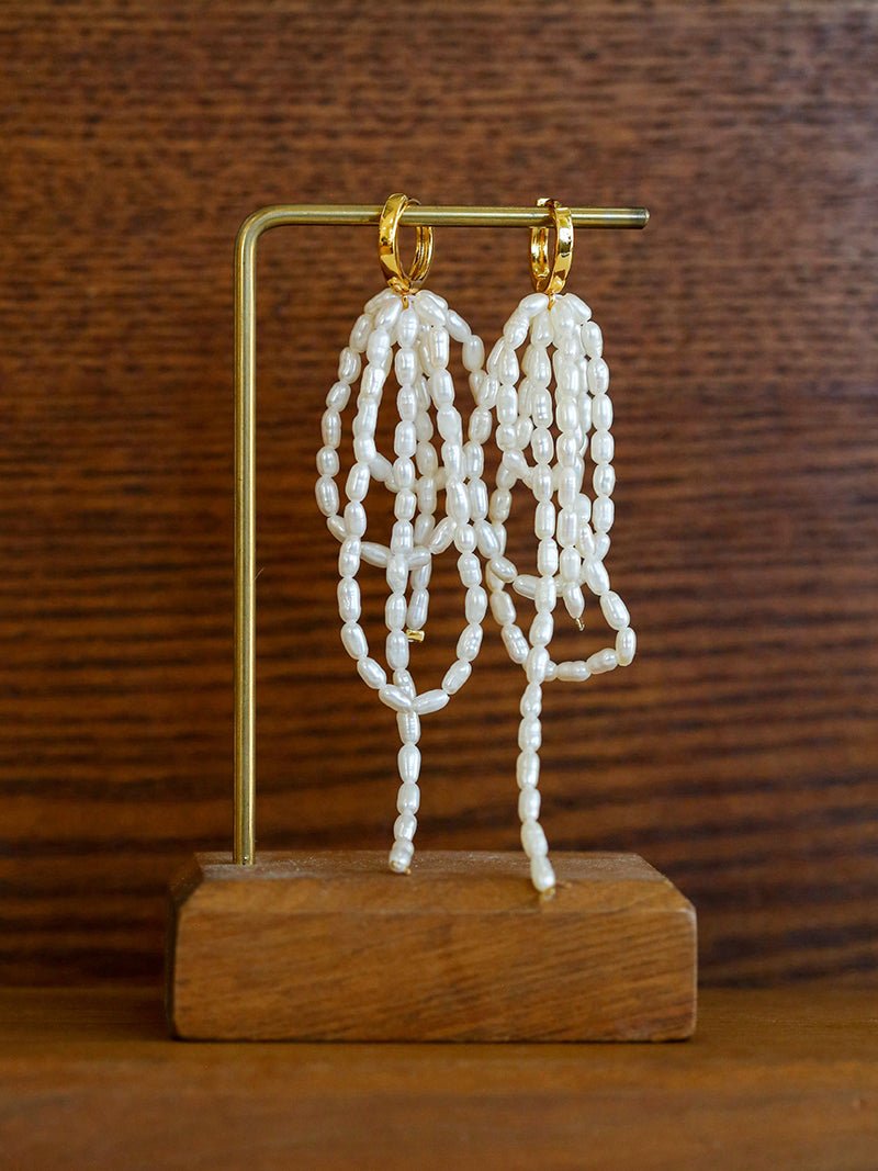 Hand - woven Rice Pearl Drop Earrings - floysun