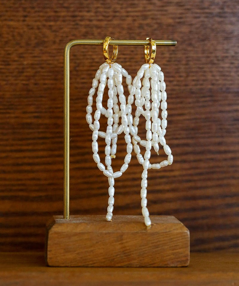 Hand - woven Rice Pearl Drop Earrings - floysun