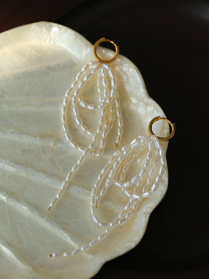 Hand - woven Rice Pearl Drop Earrings - floysun