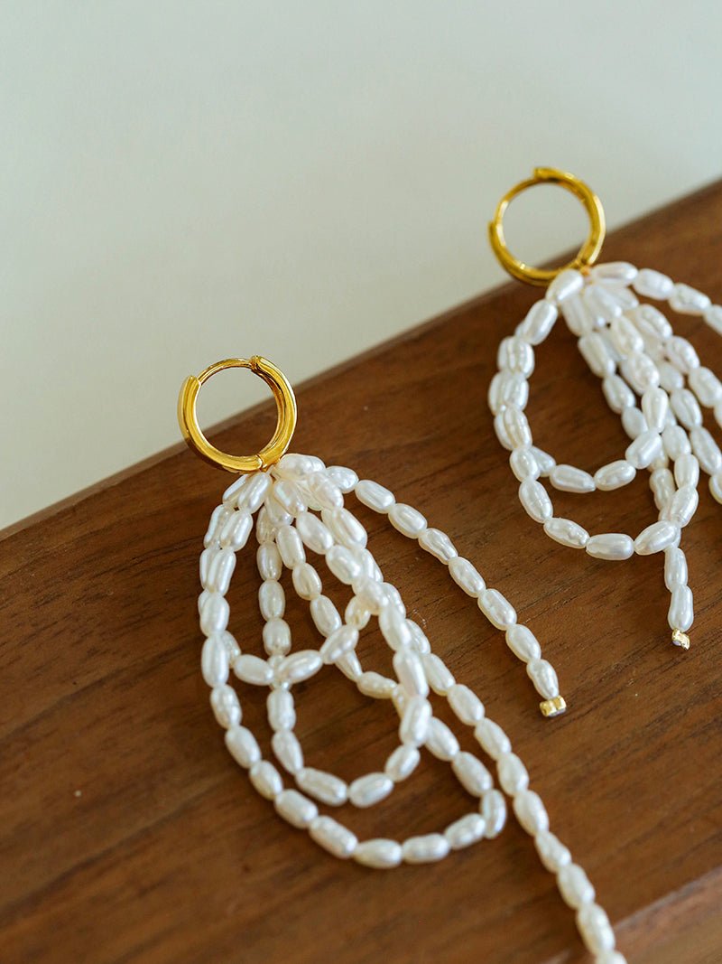 Hand - woven Rice Pearl Drop Earrings - floysun