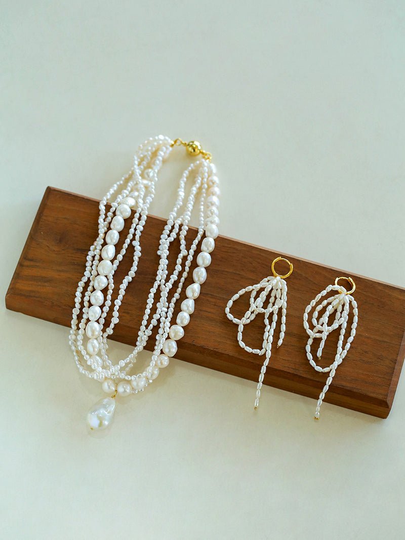 Hand - woven Rice Pearl Drop Earrings - floysun