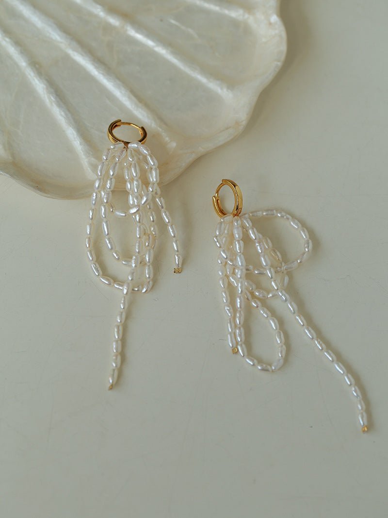 Hand - woven Rice Pearl Drop Earrings - floysun