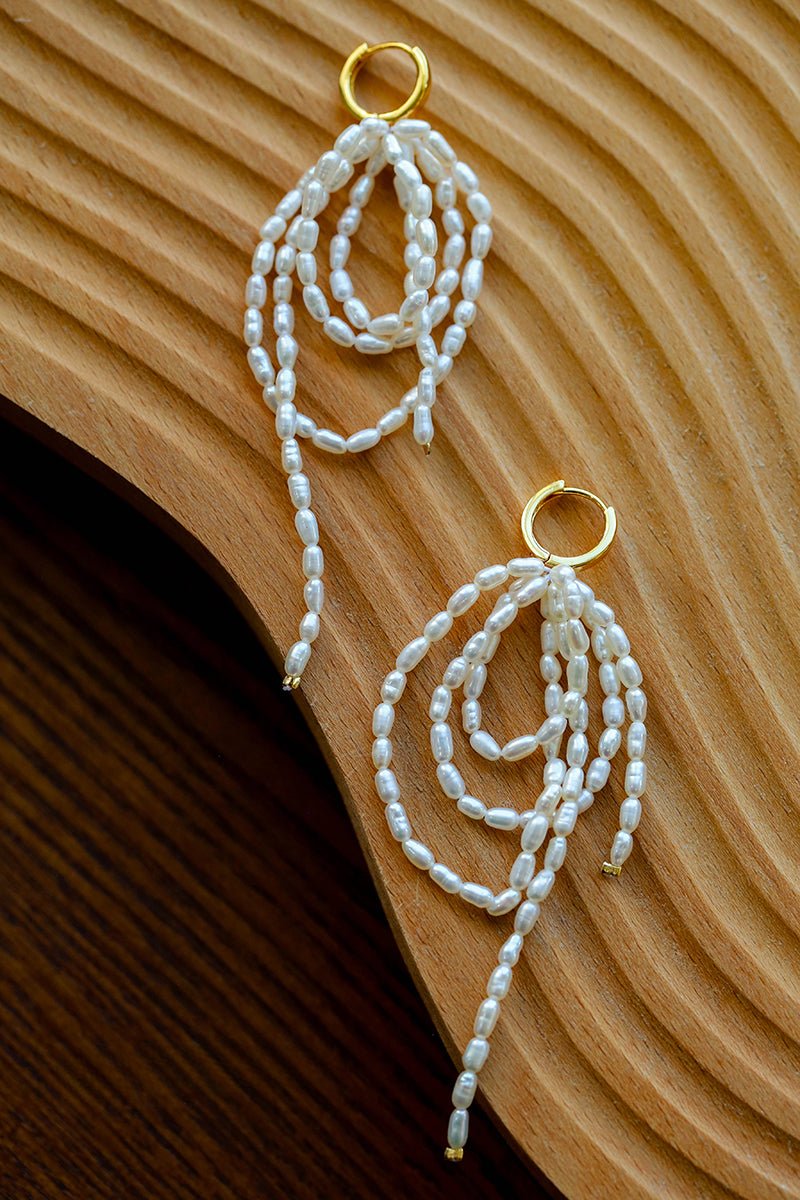 Hand - woven Rice Pearl Drop Earrings - floysun