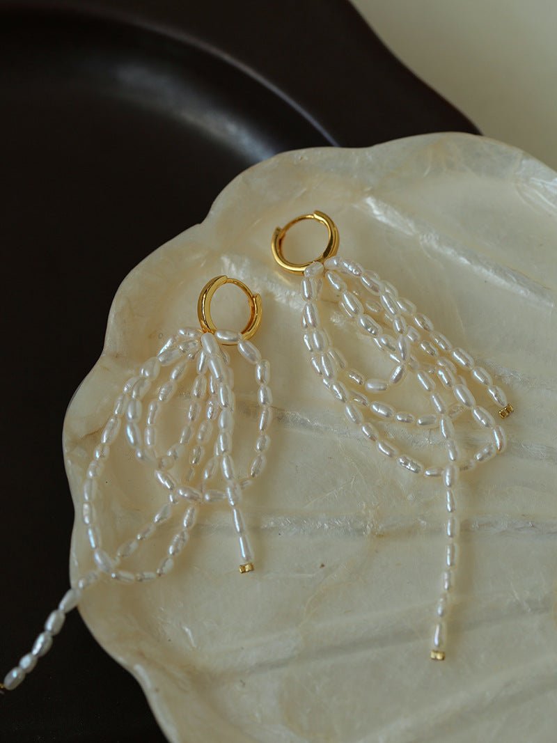 Hand - woven Rice Pearl Drop Earrings - floysun