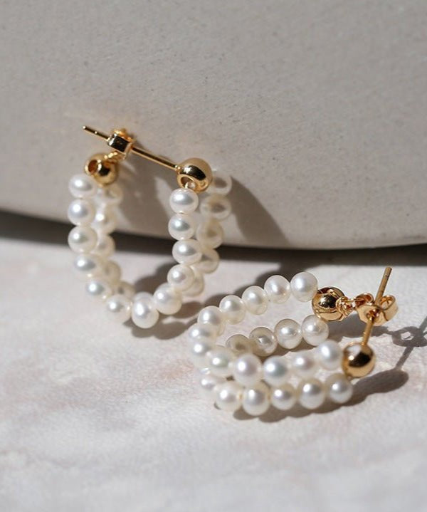 Handcrafted Double layer Pearl Hoop Earrings - floysun