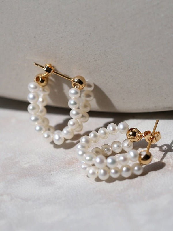 Handcrafted Double layer Pearl Hoop Earrings - floysun