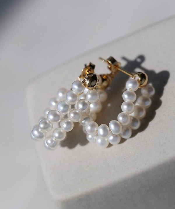 Handcrafted Double layer Pearl Hoop Earrings - floysun