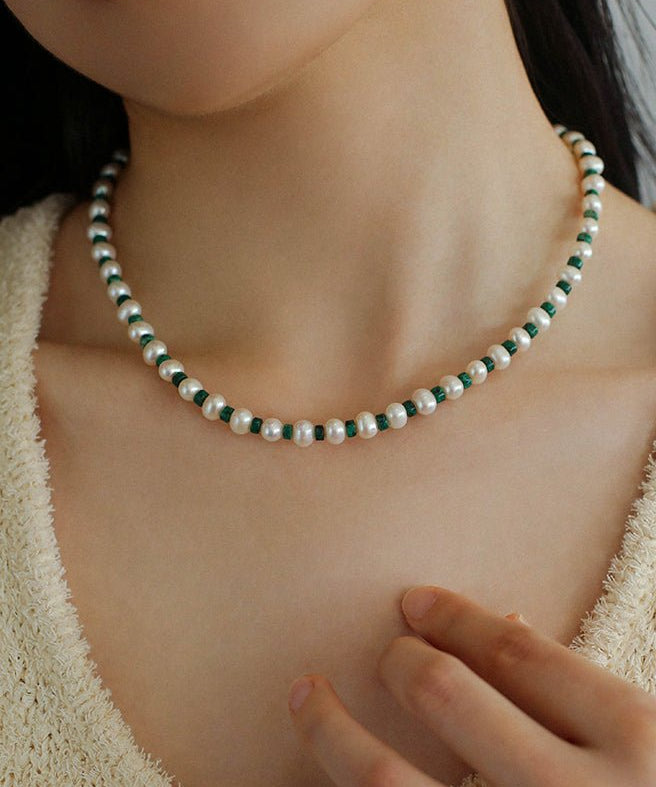 Handmade Green Natural Stone Beaded Pearl Necklace - floysun