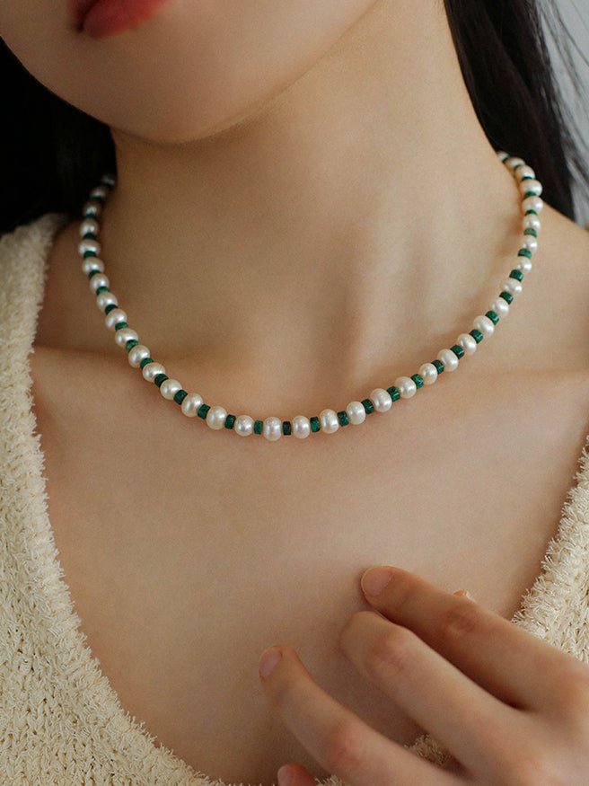 Handmade Green Natural Stone Beaded Pearl Necklace - floysun