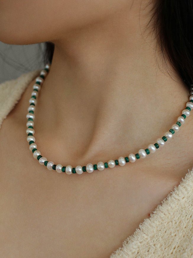 Handmade Green Natural Stone Beaded Pearl Necklace - floysun