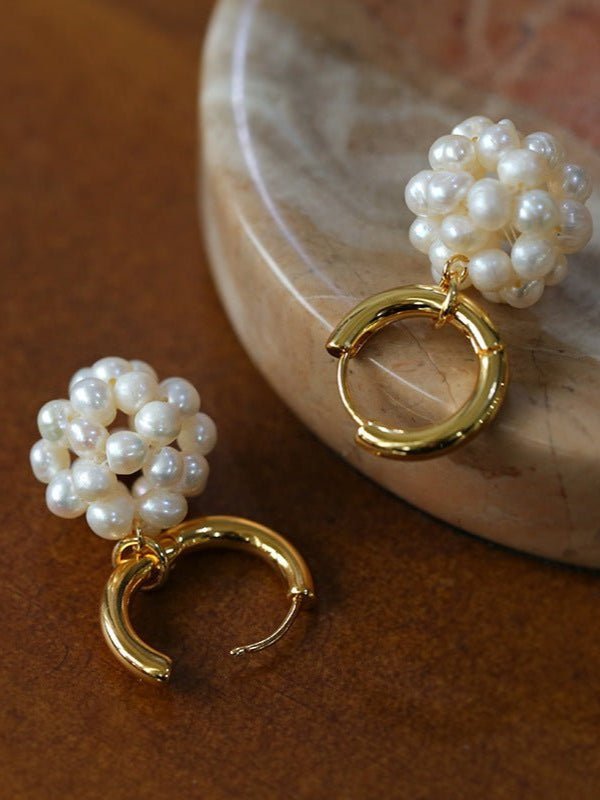 Handwoven Spherical Pearl Ball Drop Earrings - floysun