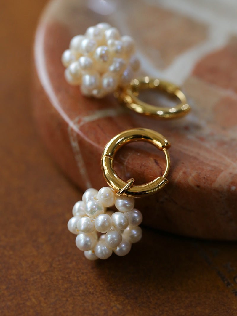 Handwoven Spherical Pearl Ball Drop Earrings - floysun