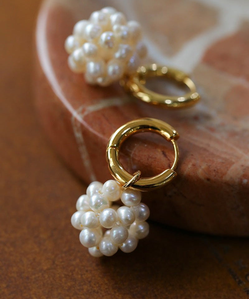 Handwoven Spherical Pearl Ball Drop Earrings - floysun