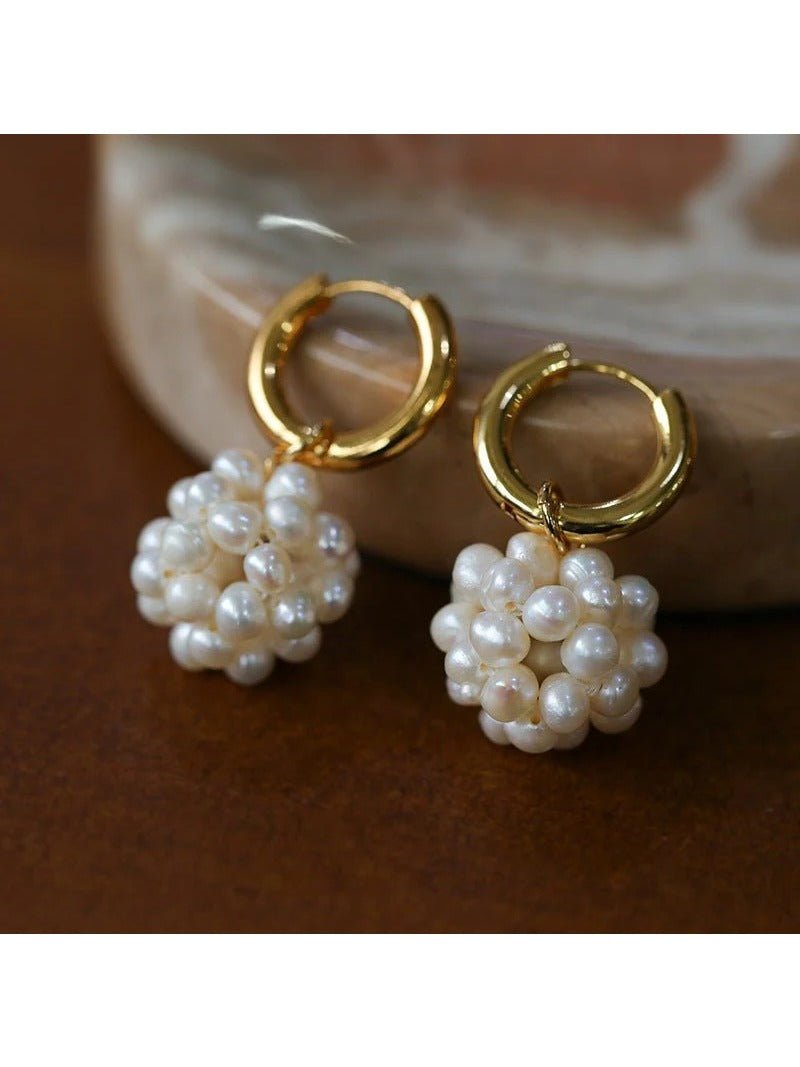 Handwoven Spherical Pearl Ball Drop Earrings - floysun