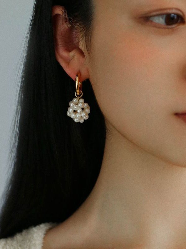 Handwoven Spherical Pearl Ball Drop Earrings - floysun