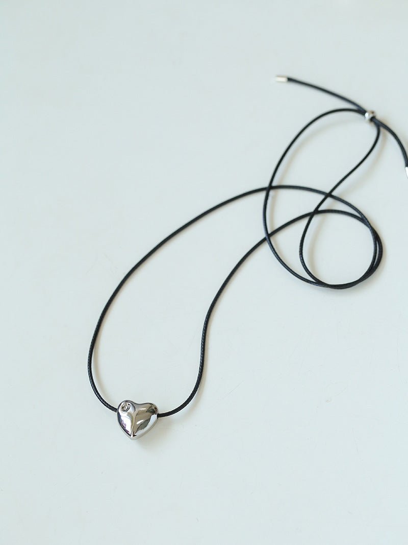 Heart - shaped Black Leather Drawstring Pendant Necklace - floysun