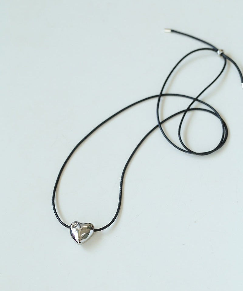 Heart - shaped Black Leather Drawstring Pendant Necklace - floysun