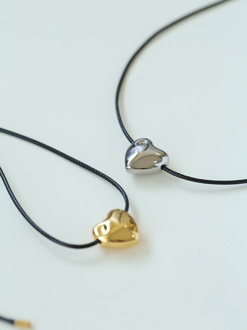 Heart - shaped Black Leather Drawstring Pendant Necklace - floysun