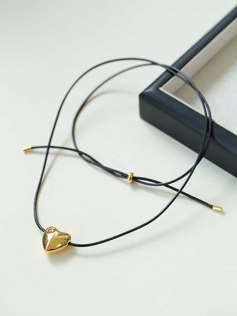 Heart - shaped Black Leather Drawstring Pendant Necklace - floysun