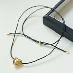 Heart - shaped Black Leather Drawstring Pendant Necklace - floysun