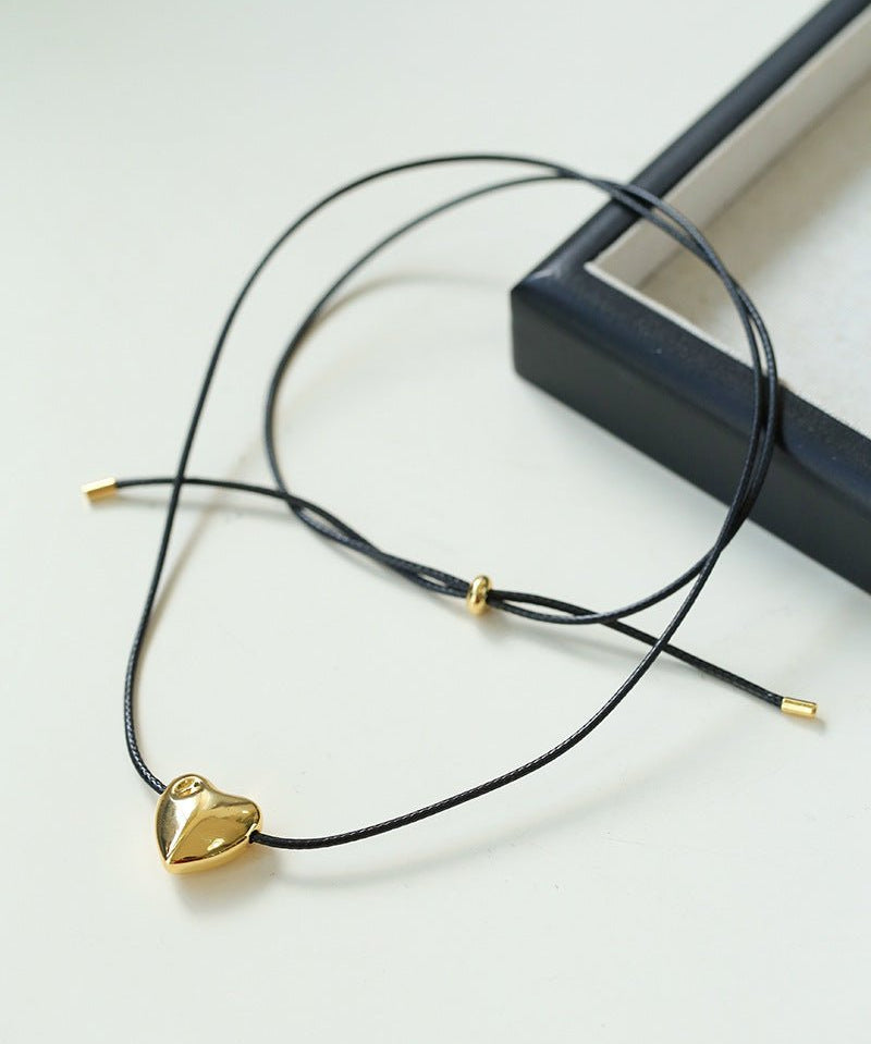 Heart - shaped Black Leather Drawstring Pendant Necklace - floysun