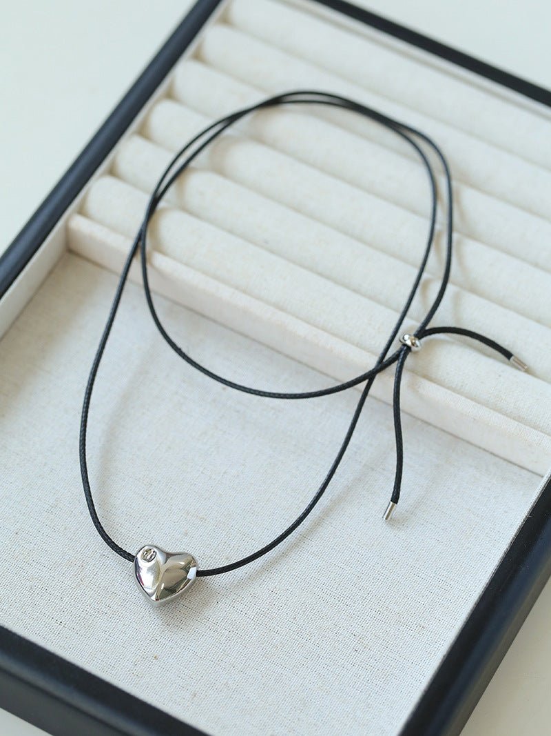 Heart - shaped Black Leather Drawstring Pendant Necklace - floysun