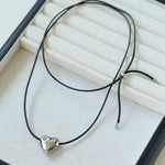 Heart - shaped Black Leather Drawstring Pendant Necklace - floysun