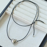 Heart - shaped Black Leather Drawstring Pendant Necklace - floysun