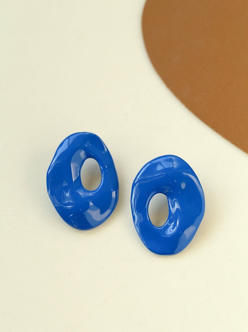 Irregular Geometric Oval Hollow Blue Enamel Earrings - floysun