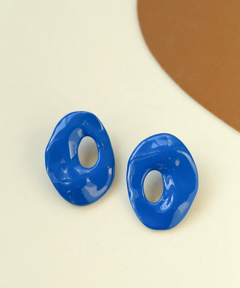 Irregular Geometric Oval Hollow Blue Enamel Earrings - floysun