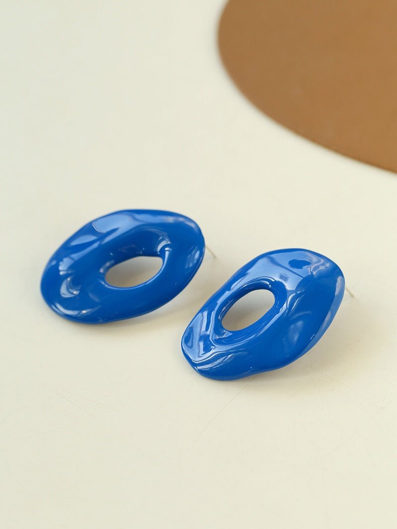 Irregular Geometric Oval Hollow Blue Enamel Earrings - floysun