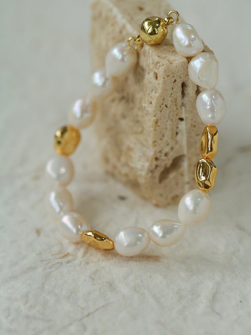 Irregular Metal and Pearl Magnetic Clasp Beaded Bracelet - floysun