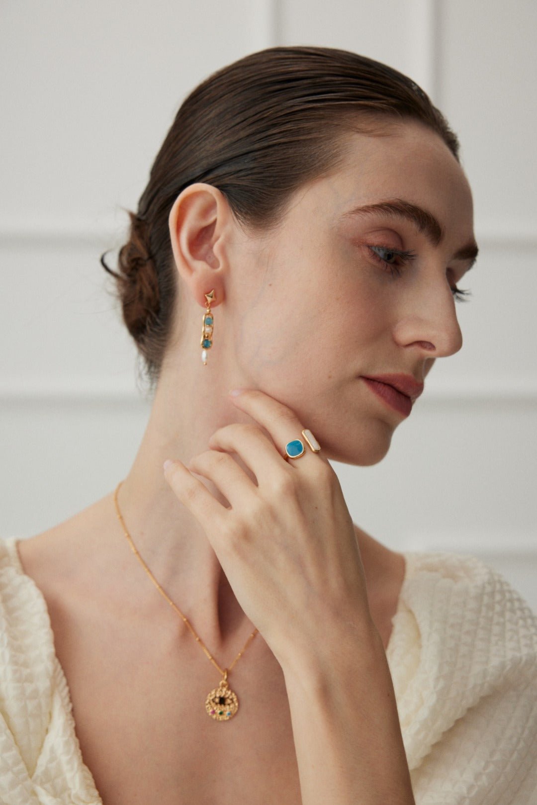 Irregular Rectangular Surrounding Pendant Earrings with Amazonite and Pearl - floysun