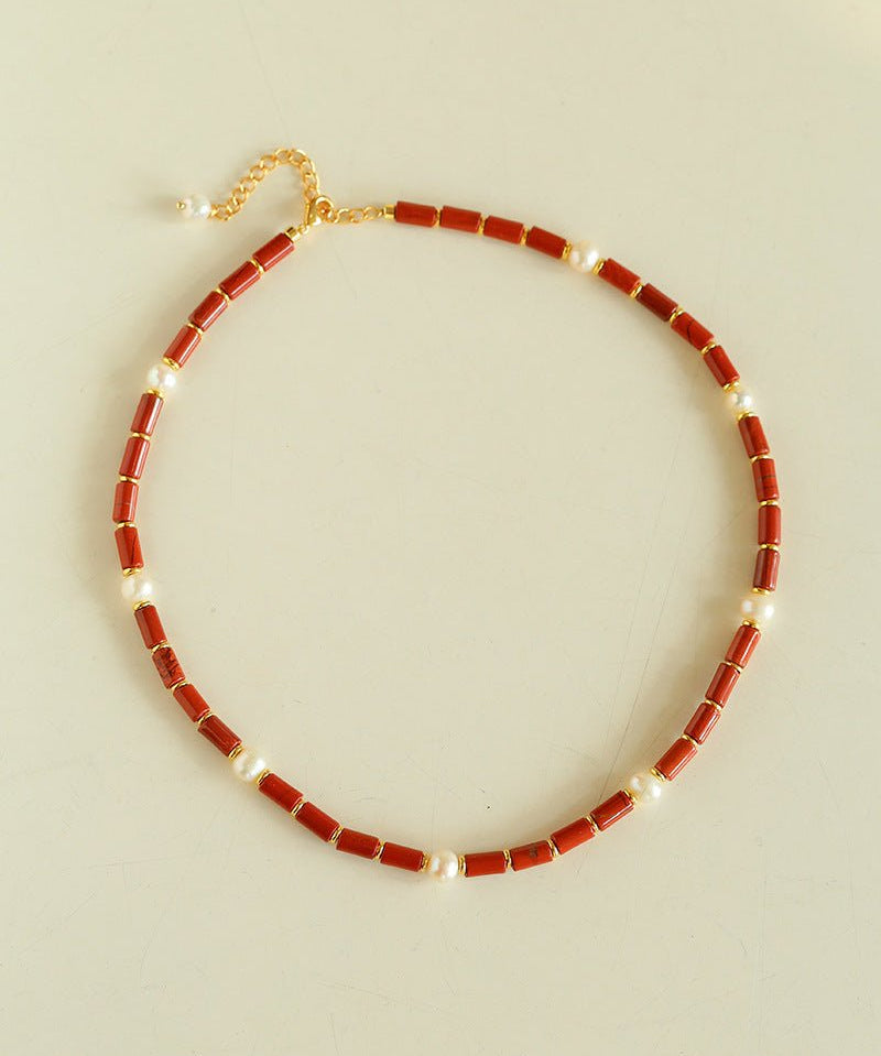 Joyful Red Stone Round Bead and Pearl Bead Beaded Necklace - floysun