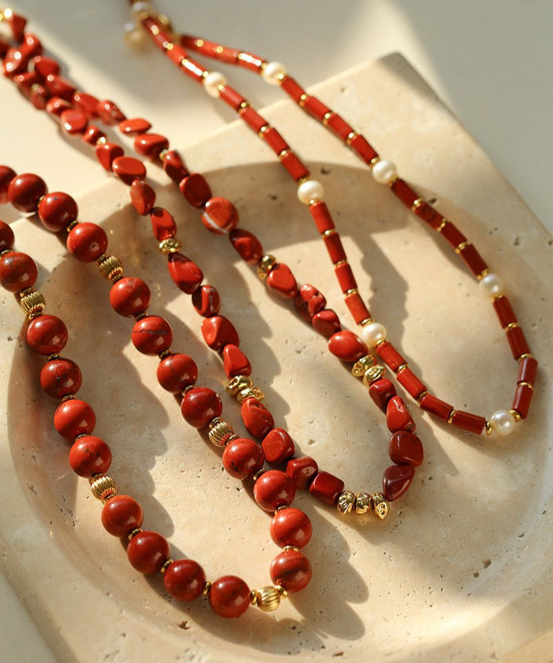 Joyful Red Stone Round Bead and Pearl Bead Beaded Necklace - floysun