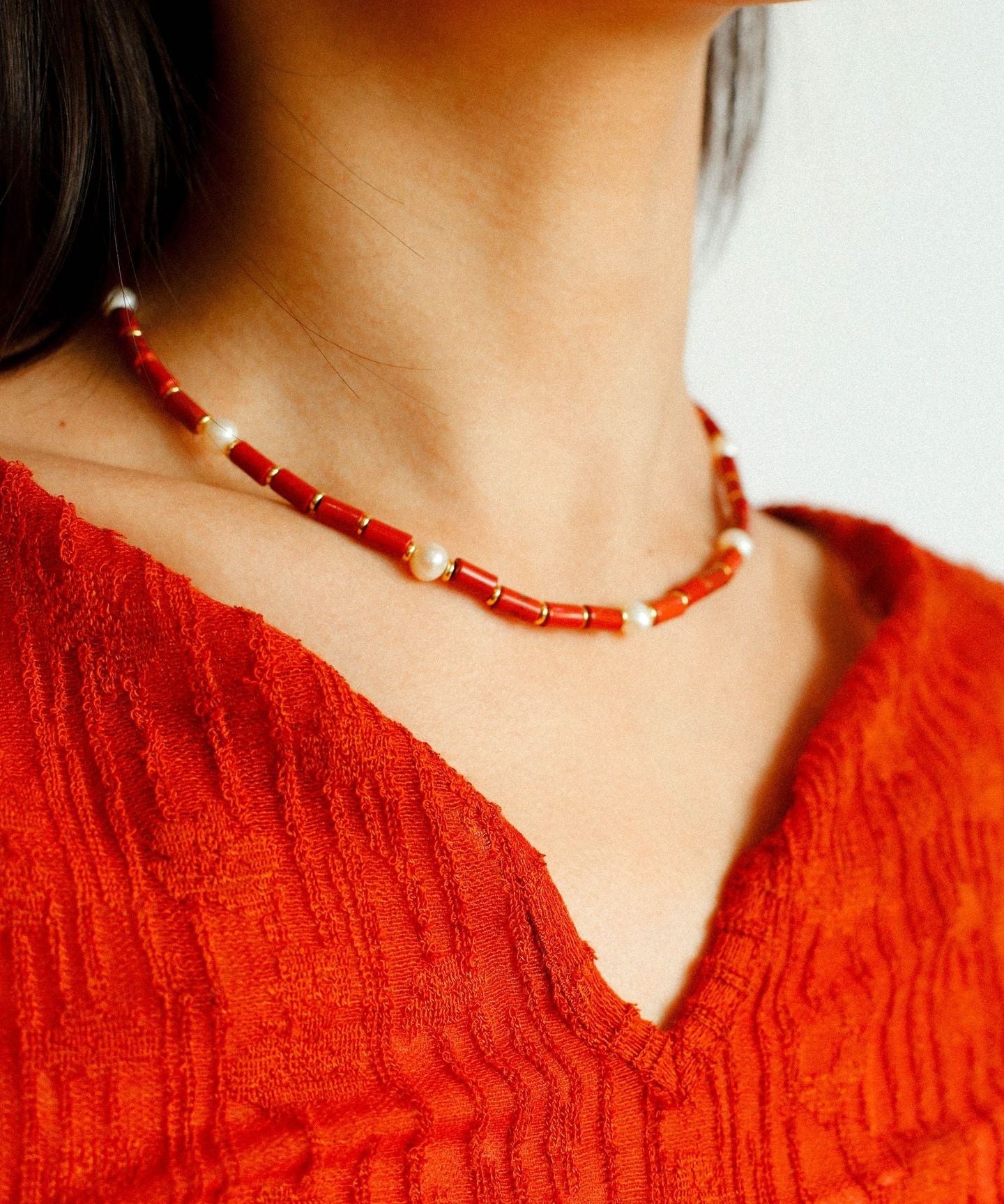 Joyful Red Stone Round Bead and Pearl Bead Beaded Necklace - floysun